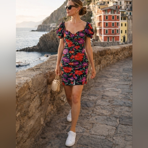 Zara Dresses & Skirts - Zara Floral Puff Sleeve Mini Dress XS | Sweetheart Neck Ruched Bodycon Summer